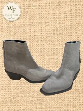 AllSaints Gray Suede Western Ankle Boots Size 37 Back Zip Pointed Toe
